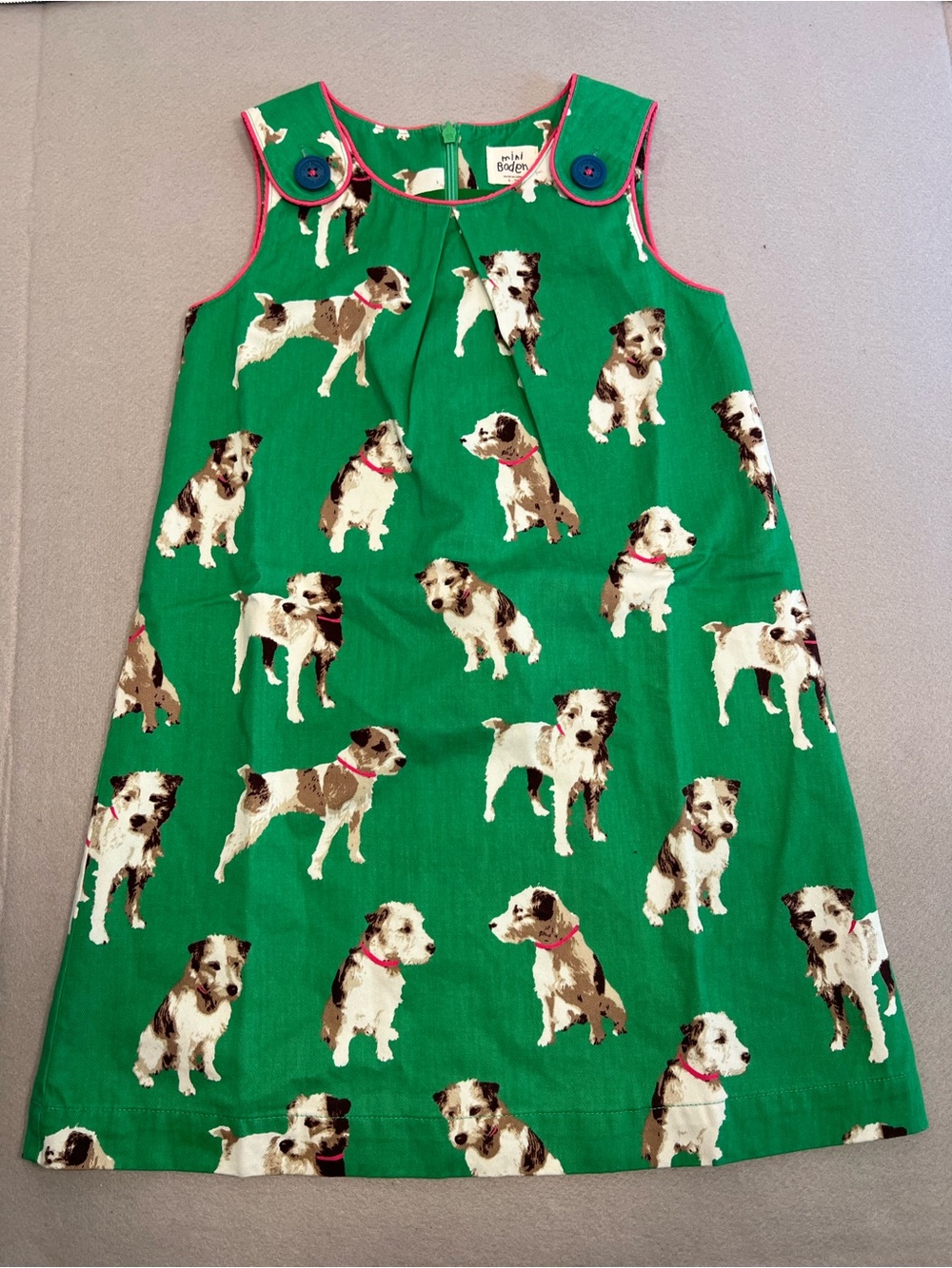 Mini Boden: Girls Dress In Heather Green, Terrier Dog Print 6/7 Years
